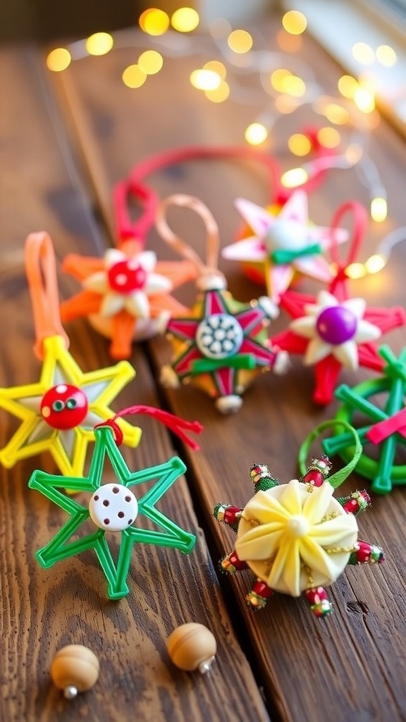 DIY Christmas Ornaments with Zip Ties Colorful DIY Christmas ornaments made with zip ties, displayed on a wooden table with fairy lights.